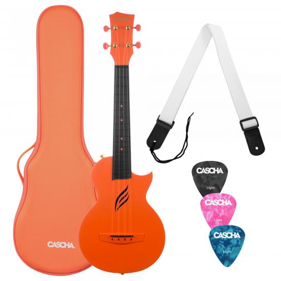 Cascha Carbon Fibre Ukulele Set Orange - Pomarańczowe koncertowe ukulele z fiber-carbonu w futerale, paskiem i kostkami
