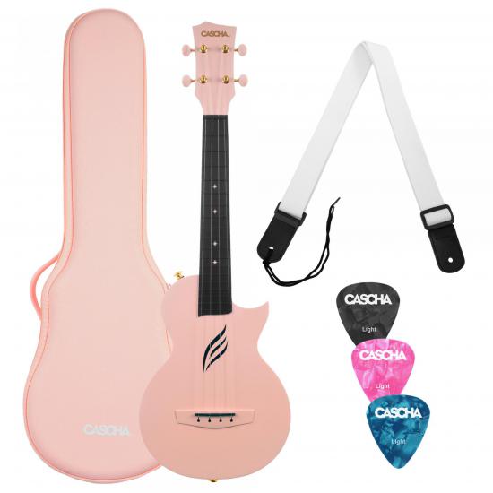Cascha HH-2288 Carbon Fibre Ukulele Set Pink - Różowe koncertowe ukulele z fiber-carbonu w futerale, paskiem i kostkami