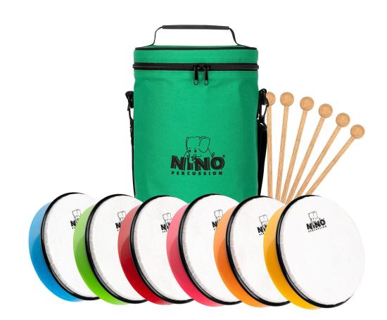 NINO Percussion NINOSET45 - Zestaw 6 sztuk 8-calowych ręcznych bębenków z pałeczką w wygodnej torbie