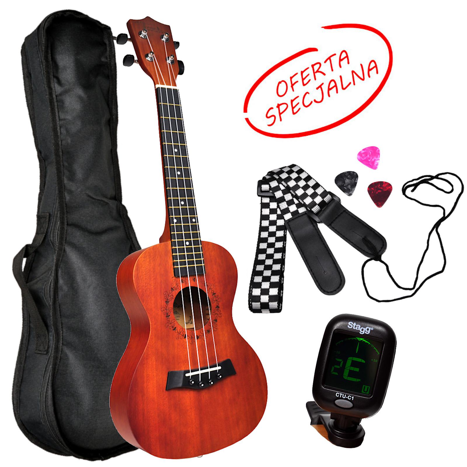 TrackMan U23-Flower - Brązowe naturalne ukulele koncertowe w pokrowcu i zestawem akcesoriów